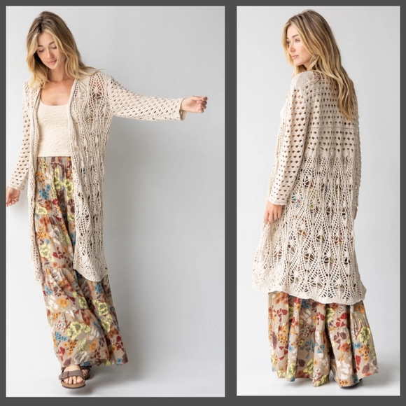 Natural Life Abigail Crochet Cream Duster Cardigan L/XL  Beige Bohemian Layered - Picture 10 of 13